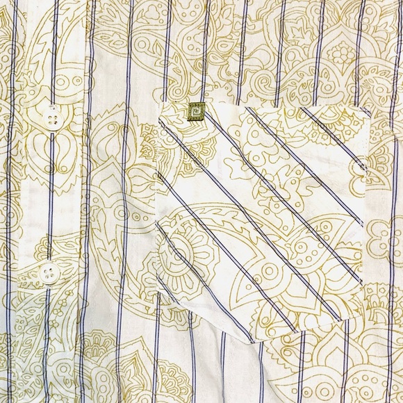 Men’s SzSmall “CARBON” white/gold paisley print/blue pin stripe button down tee - Picture 2 of 5